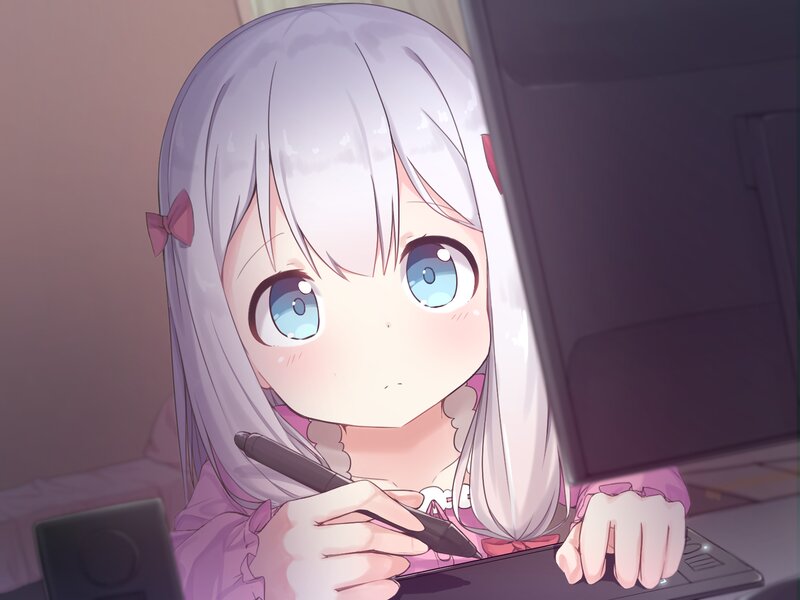 Anime Girl Drawing — Purple, Focused, Computer Monitor