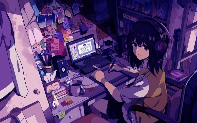 Anime Girl Drawing — Purple, Focused, Night