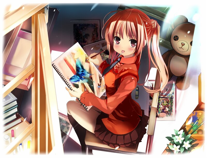 Anime Girl Drawing — Red, Calm, Night