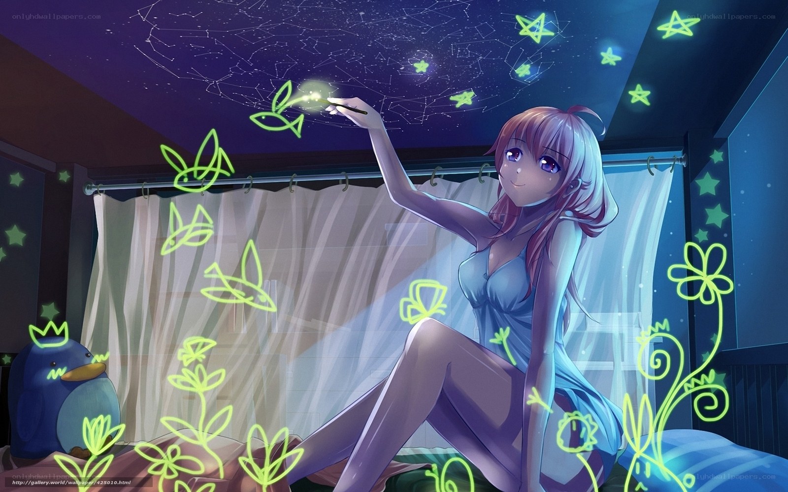 Anime girl drawing stars