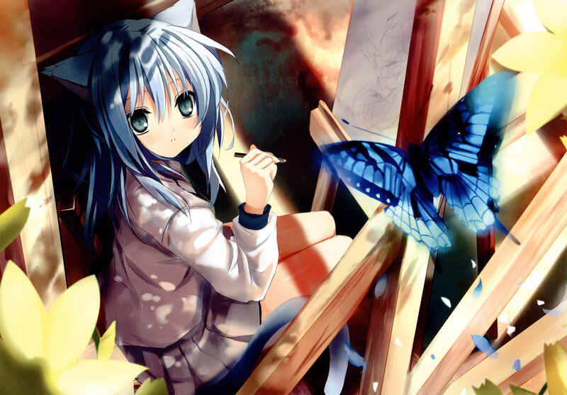 anime girl drawing with butterfly