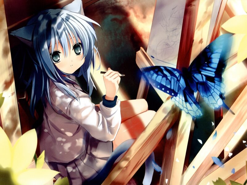 anime girl drawing with butterfly