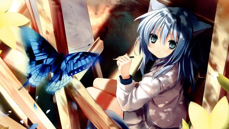 anime girl drawing with butterfly