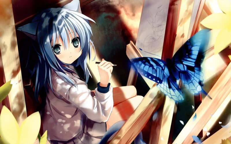 anime girl drawing with butterfly