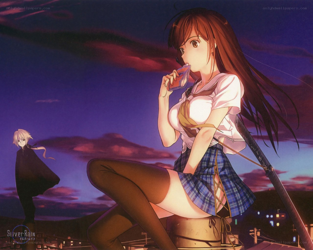 Anime girl drinking at dusk