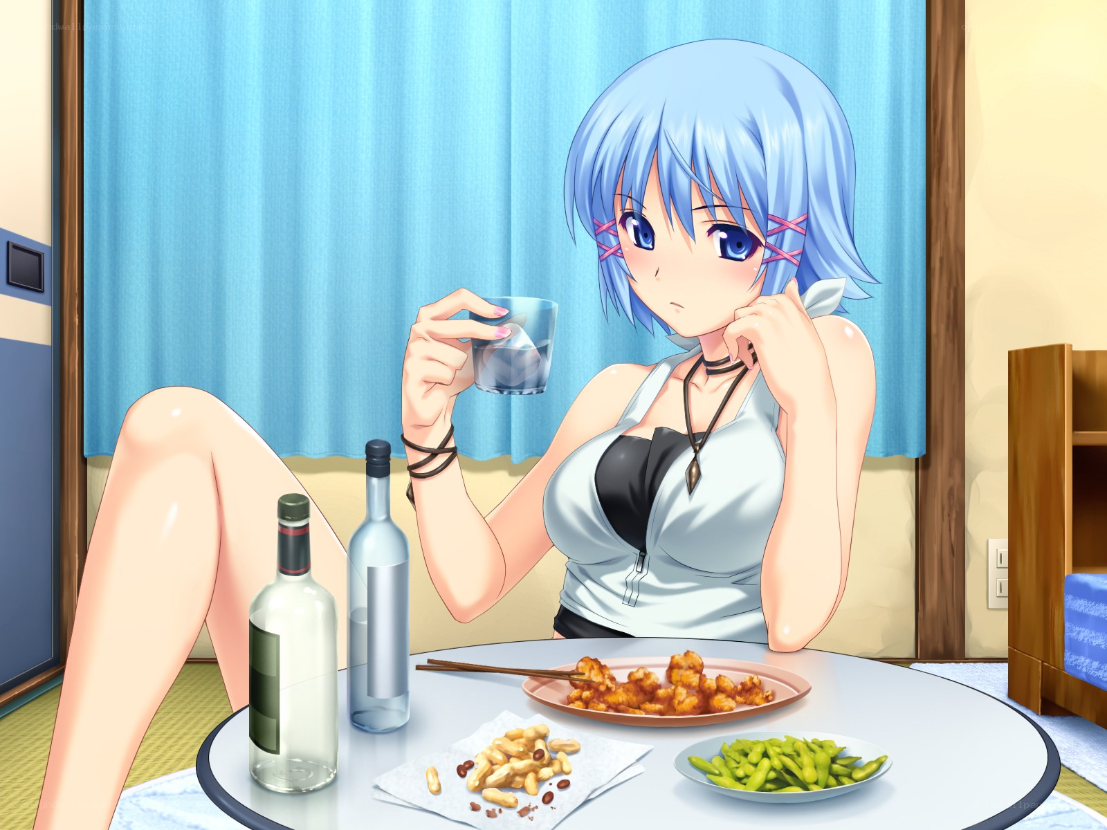 anime girl drinking at table