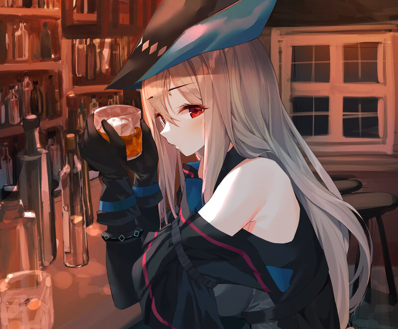 Anime Girl Drinking — Black, Calm