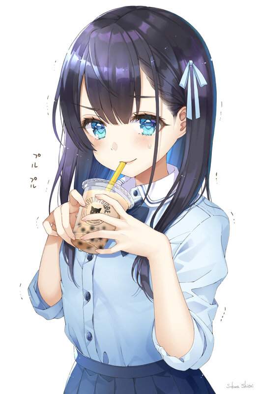 Anime Girl Drinking Boba — Blue