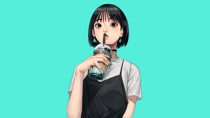 Anime Girl Drinking Boba — Cyan
