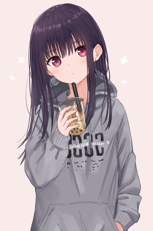 Anime Girl Drinking Boba — Gray