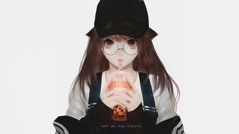 Anime Girl Drinking Boba — White
