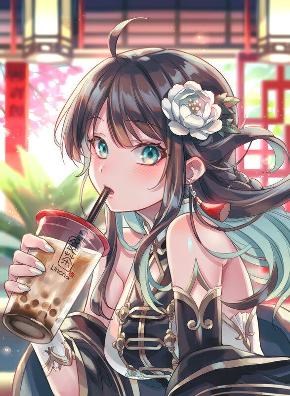 Anime Girl Drinking Bubble Tea — Brown