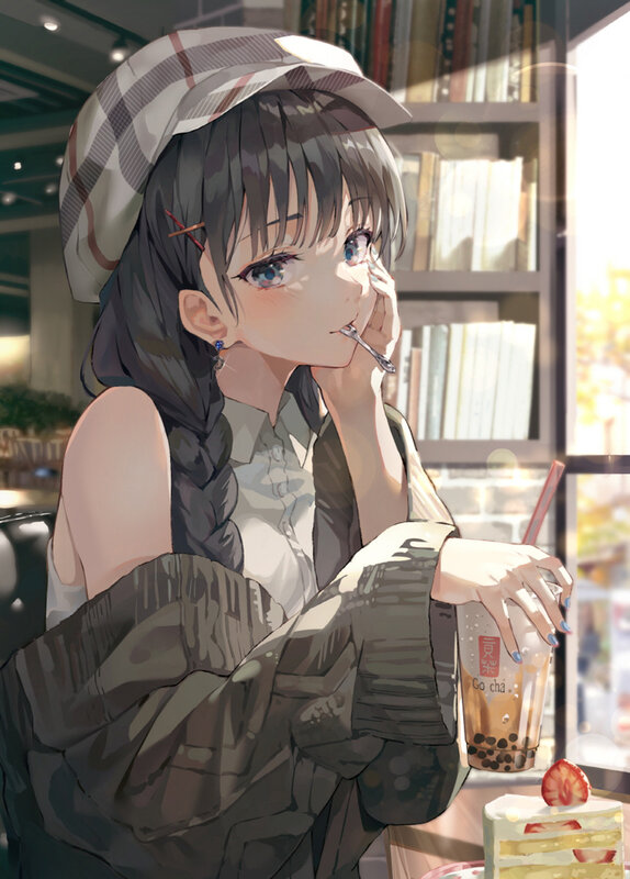 Anime Girl Drinking Bubble Tea — Gray