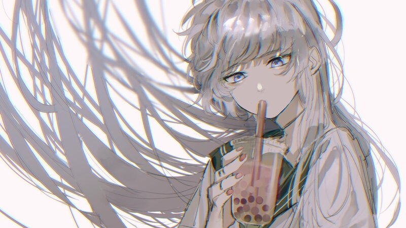Anime Girl Drinking Bubble Tea — White
