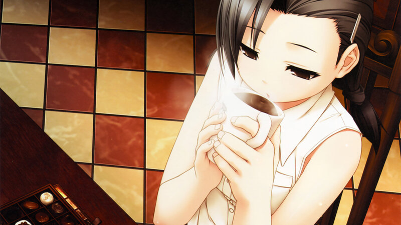 anime girl drinking coffee