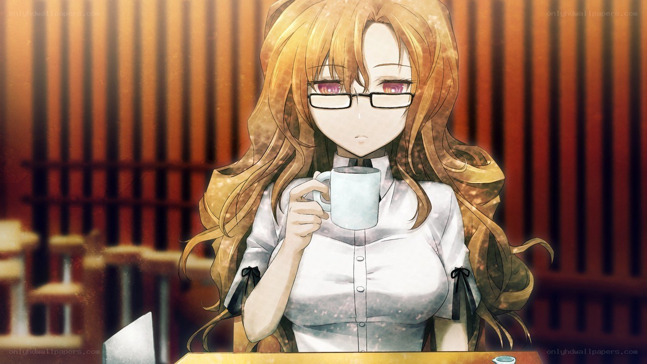 anime girl drinking coffee