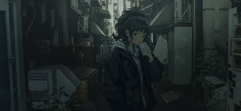 Anime Girl Drinking Coffee — Black