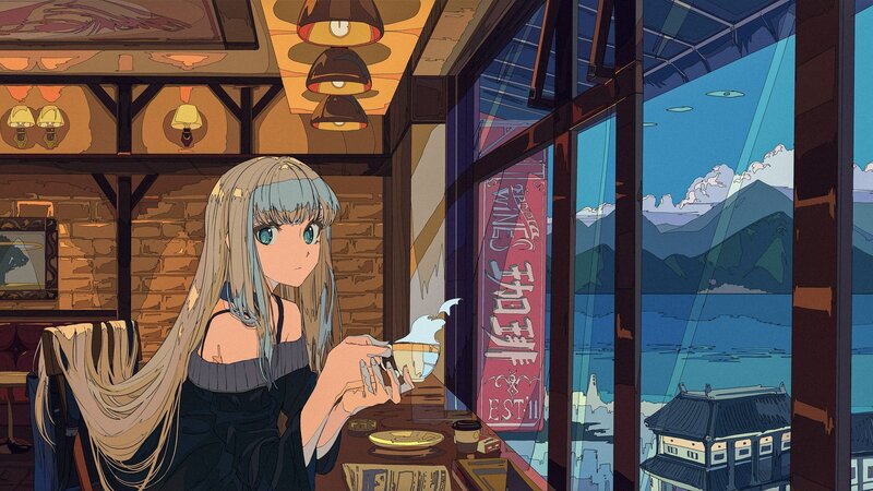 Anime Girl Drinking Coffee — Blue