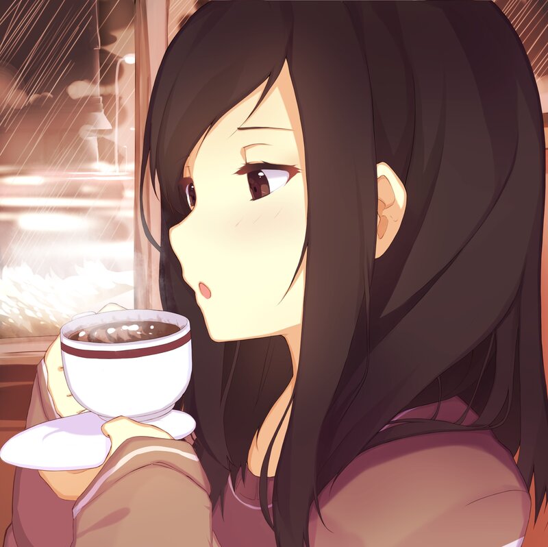 Anime Girl Drinking Coffee — Brown, Calm