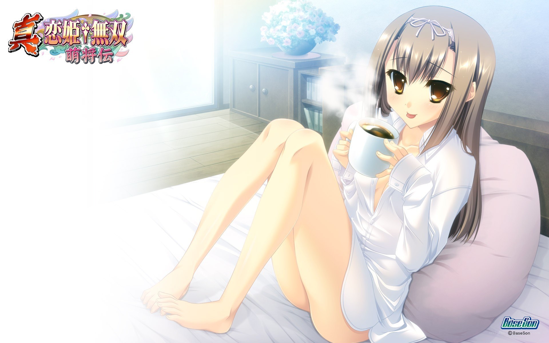 anime girl drinking coffee in bed