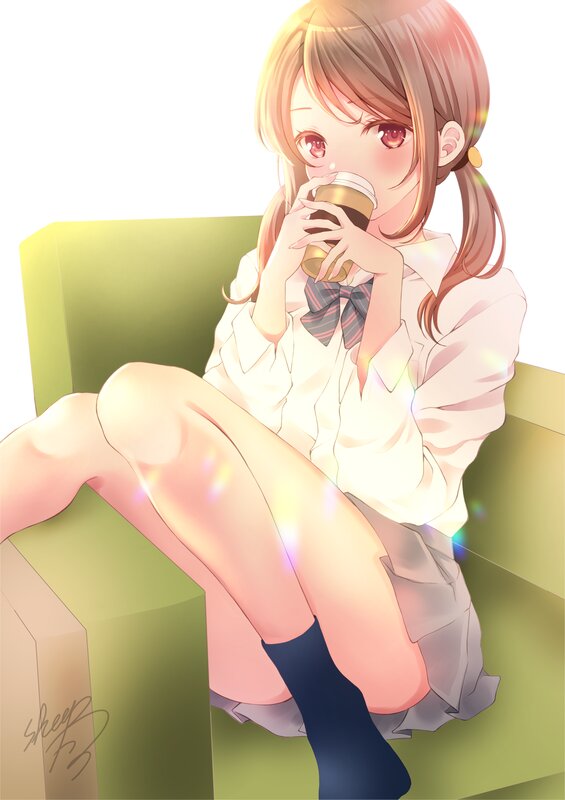 Anime Girl Drinking Coffee — White, Calm, Afternoon