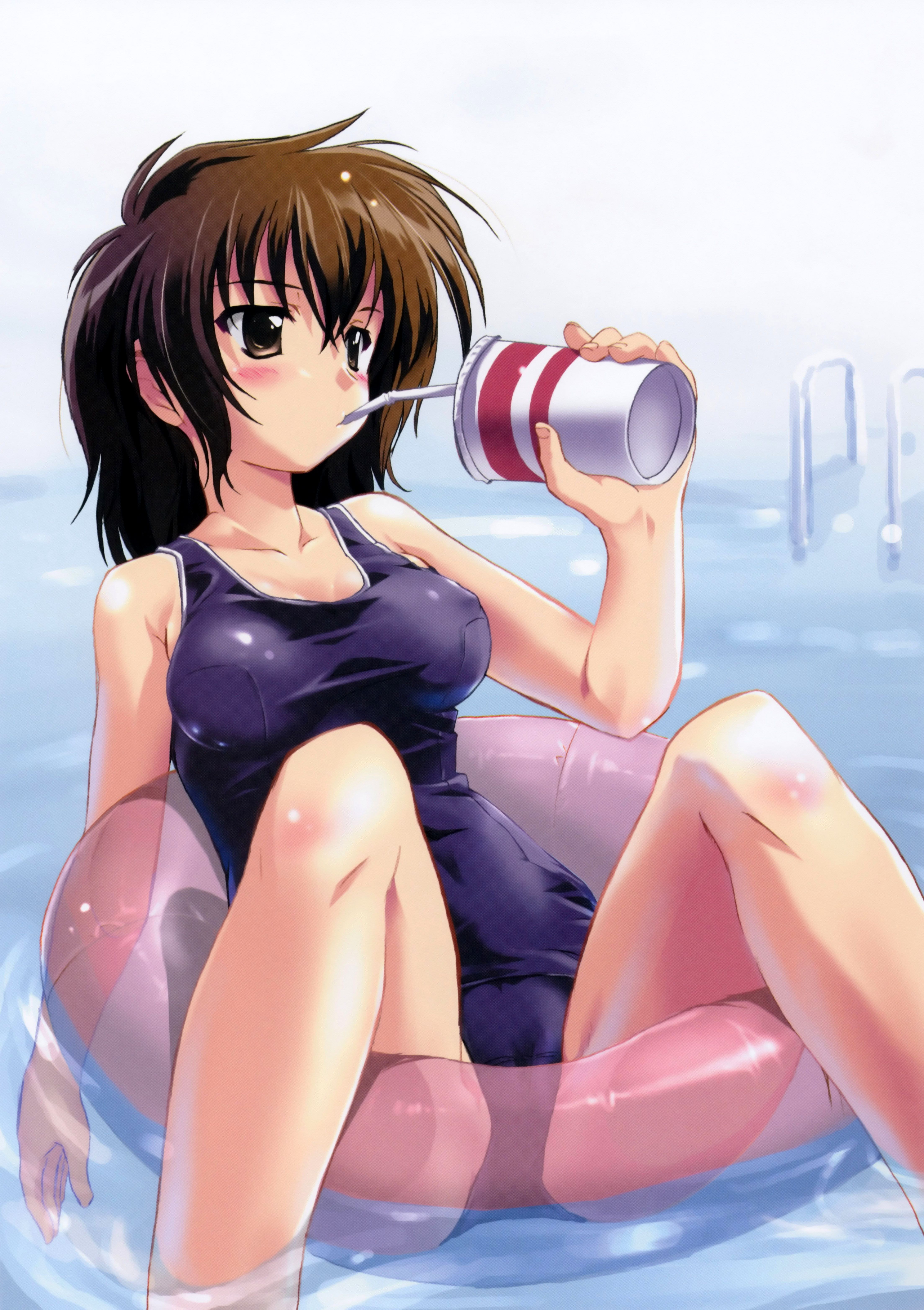 Anime girl drinking in pool