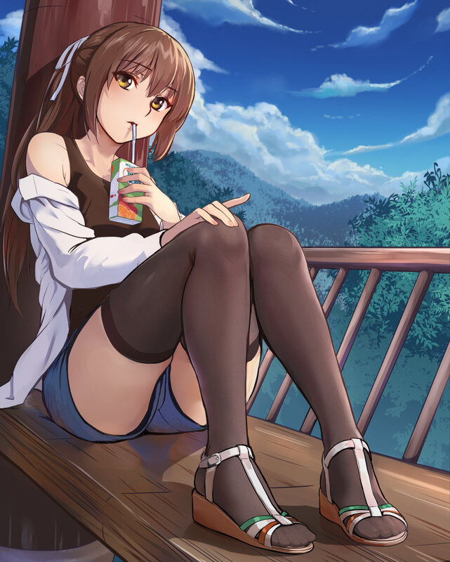 Anime Girl Drinking Juice — Blue, Relaxed