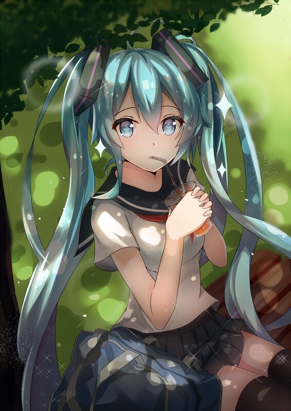 Anime Girl Drinking Juice — Green, Serene