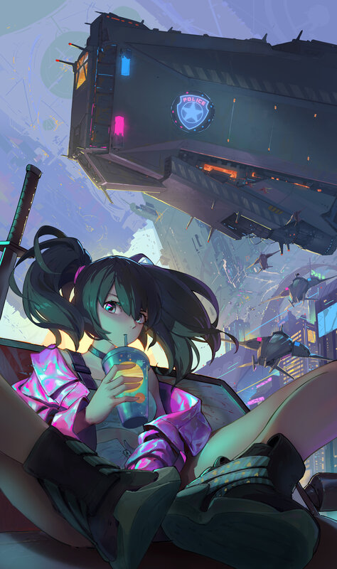 Anime Girl Drinking Juice — Purple, Dramatic