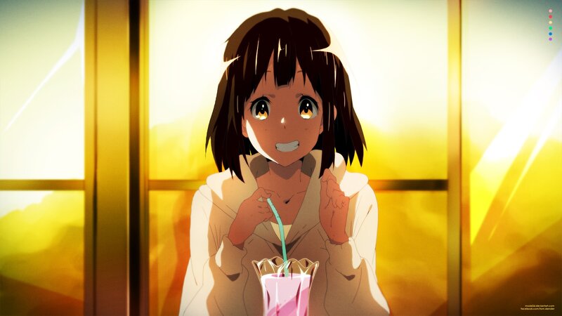 Anime Girl Drinking Juice — Yellow, Warm, Sunset