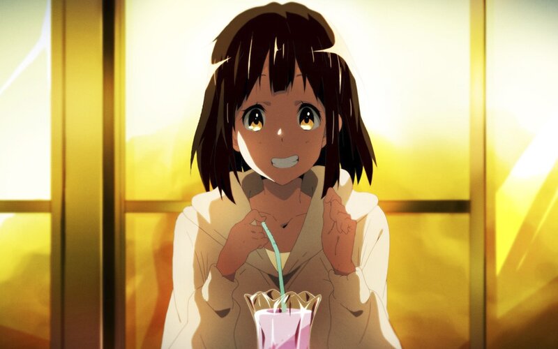 Anime Girl Drinking Juice — Yellow, Warm