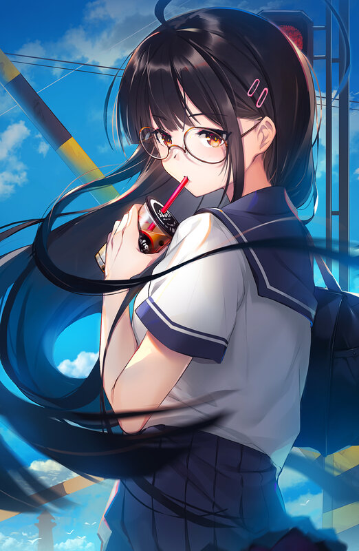 Anime Girl Drinking Soda — Blue, Calm, Afternoon, Digital Art