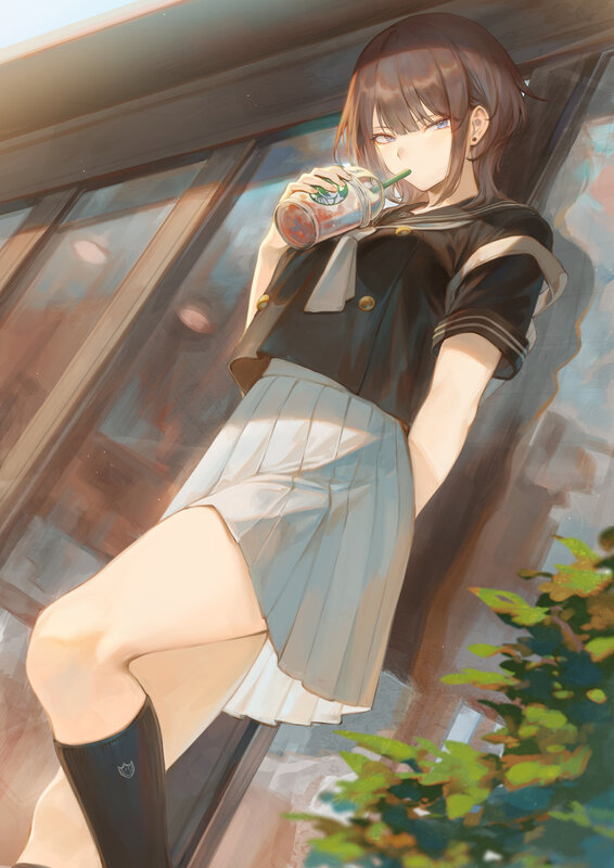 Anime Girl Drinking Soda — Brown, Calm, Afternoon, Digital Art, Soda Cup