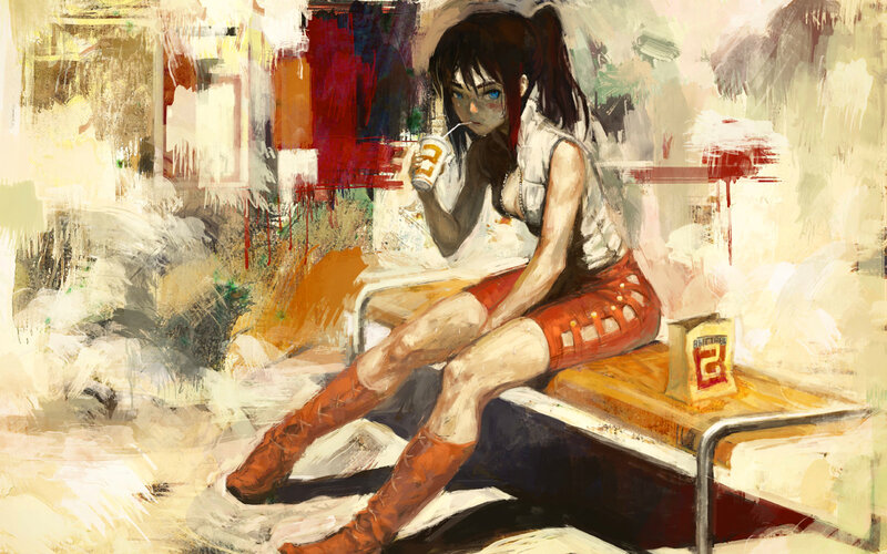 Anime Girl Drinking Soda — Red