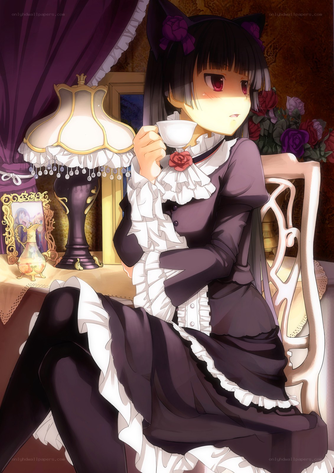 anime girl drinking tea