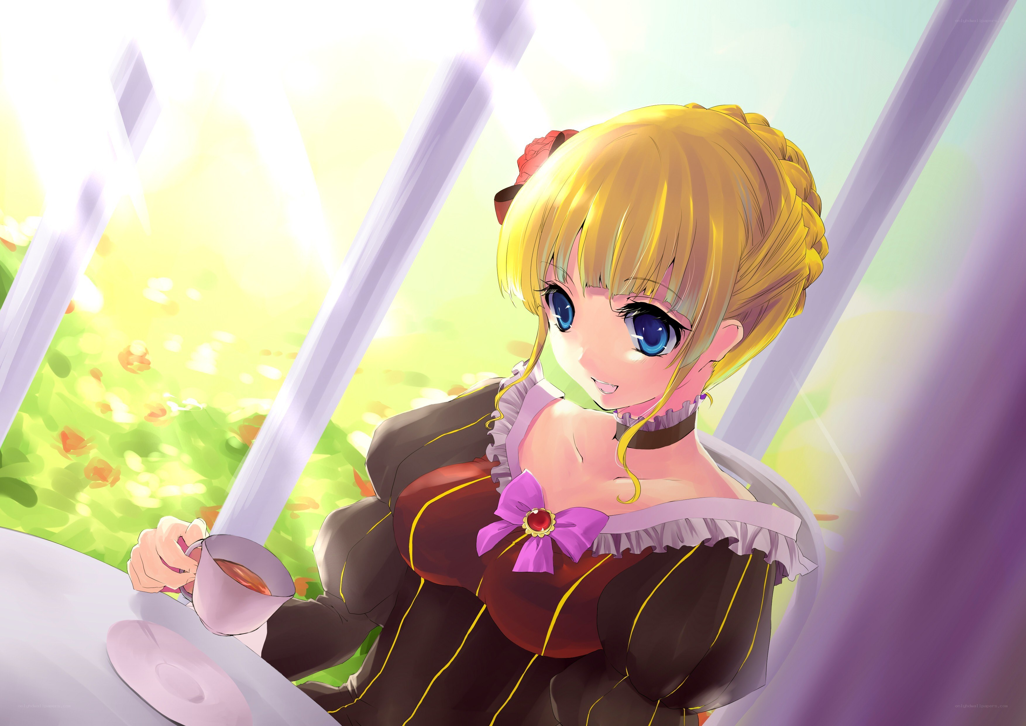 anime girl drinking tea
