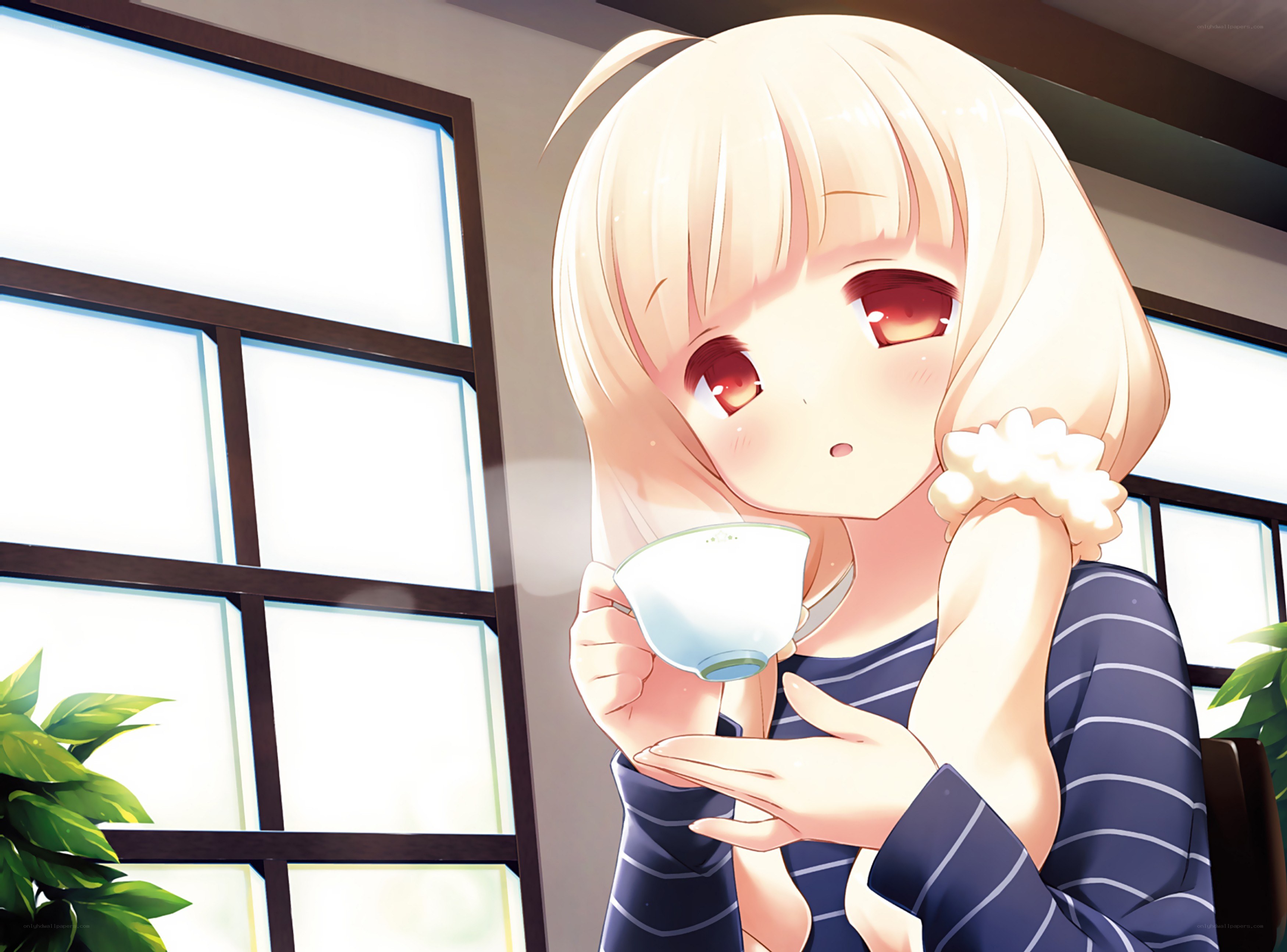 anime girl drinking tea