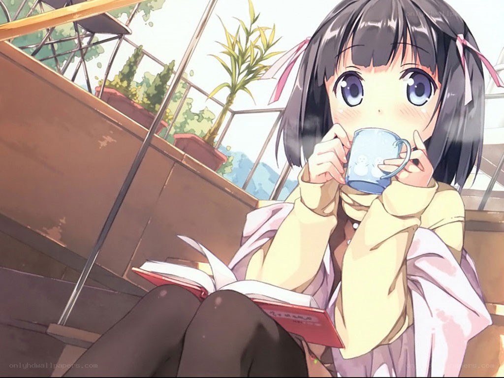 anime girl drinking tea