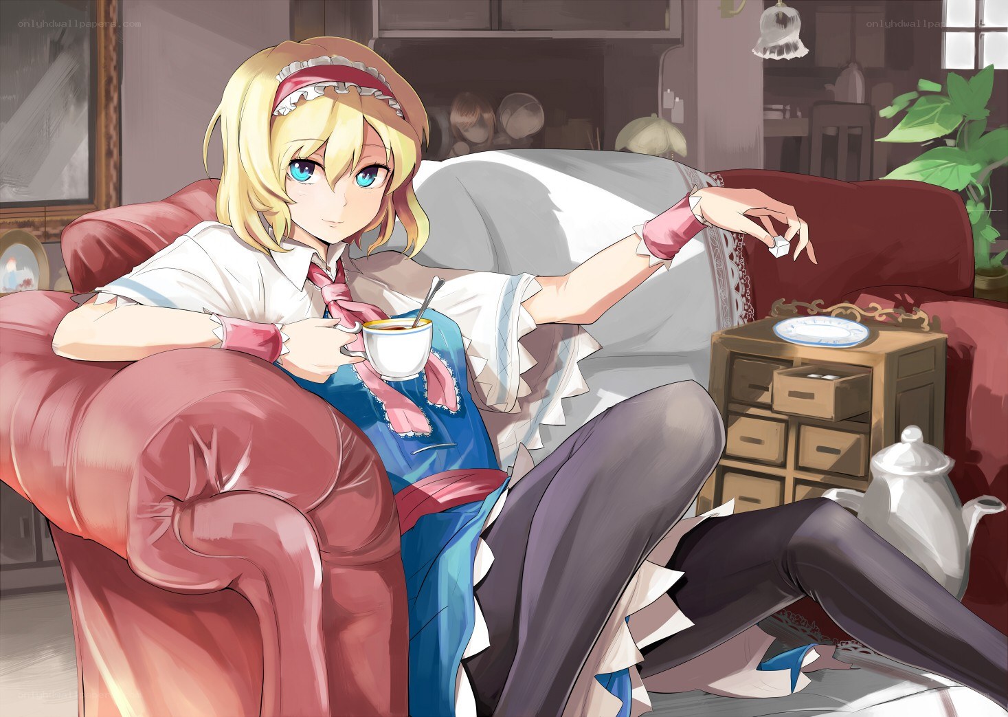 anime girl drinking tea