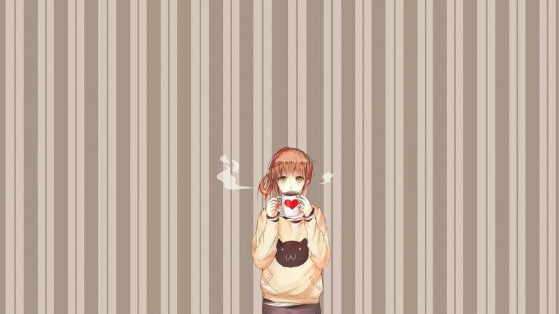 Anime Girl Drinking Tea — Beige