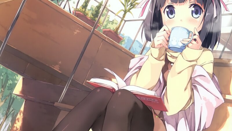 Anime Girl Drinking Tea — Blue, Calm, Afternoon, Book, Mug, Plant