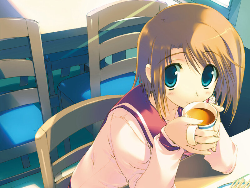 Anime Girl Drinking Tea — Blue, Calm, Afternoon