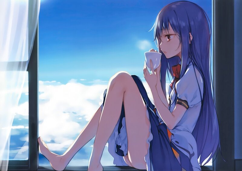 Anime Girl Drinking Tea — Blue, Serene