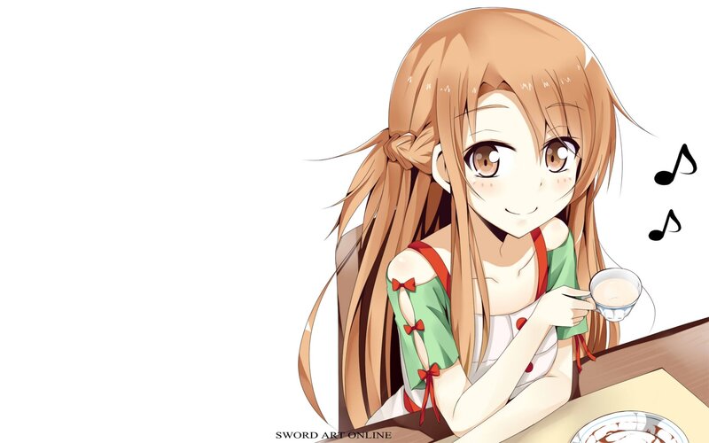 Anime Girl Drinking Tea — Brown, Calm, Tea Cup, Music Notes