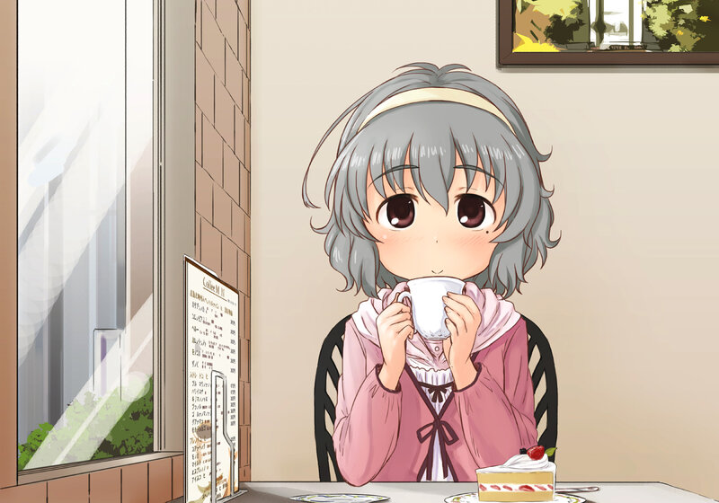 Anime Girl Drinking Tea — Gray