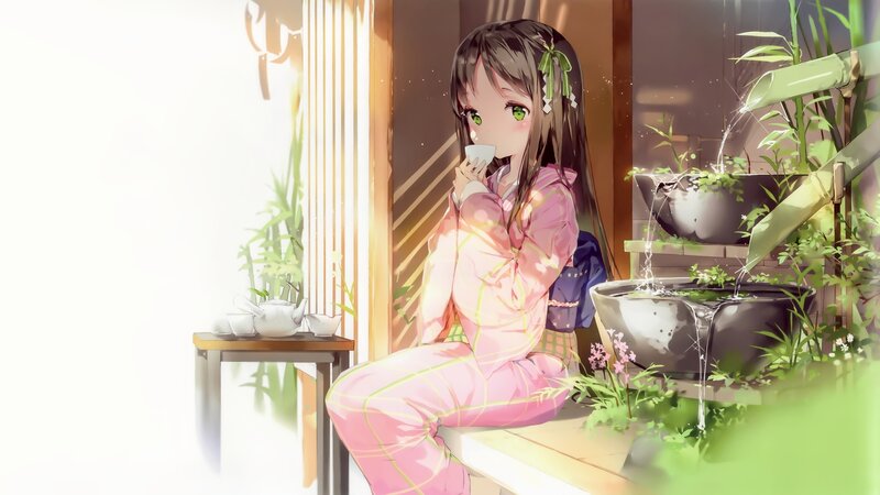 Anime Girl Drinking Tea — Pink, Serene, Morning, Digital Art, Tea Set