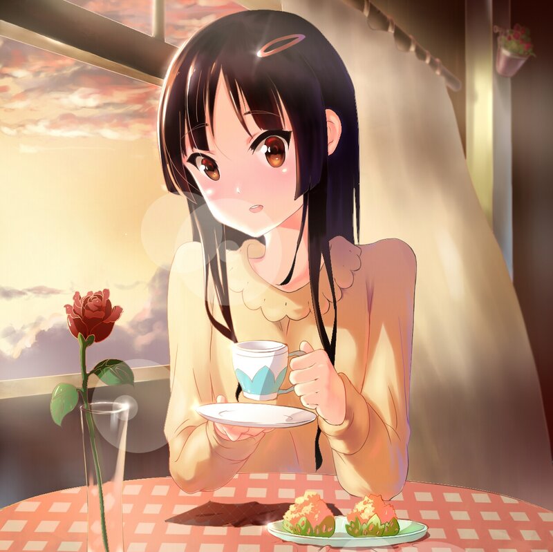 Anime Girl Drinking Tea — Pink, Serene, Sunset