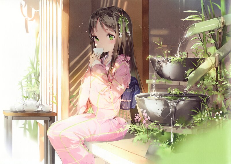 Anime Girl Drinking Tea — Pink, Serene