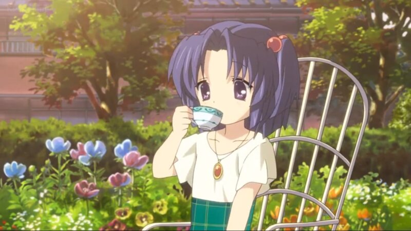 Anime Girl Drinking Tea — Purple, Serene