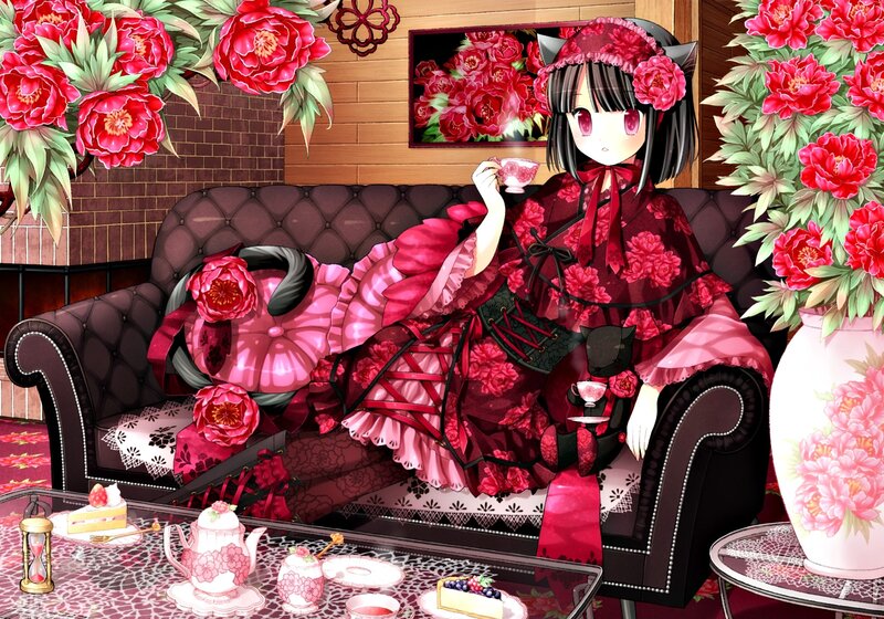Anime Girl Drinking Tea — Red, Calm, Digital Art